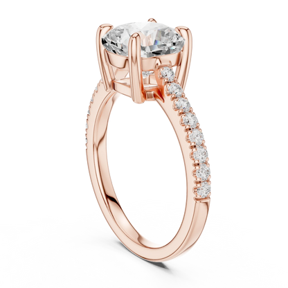 Back side view of rose gold cushion diamond pavé band ring showing band and setting details