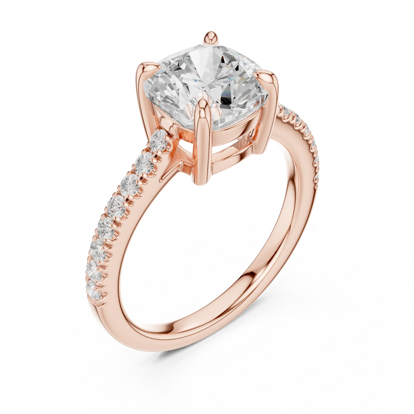 Front view of rose gold cushion diamond pavé band ring