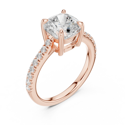 Front view of rose gold cushion diamond pavé band ring