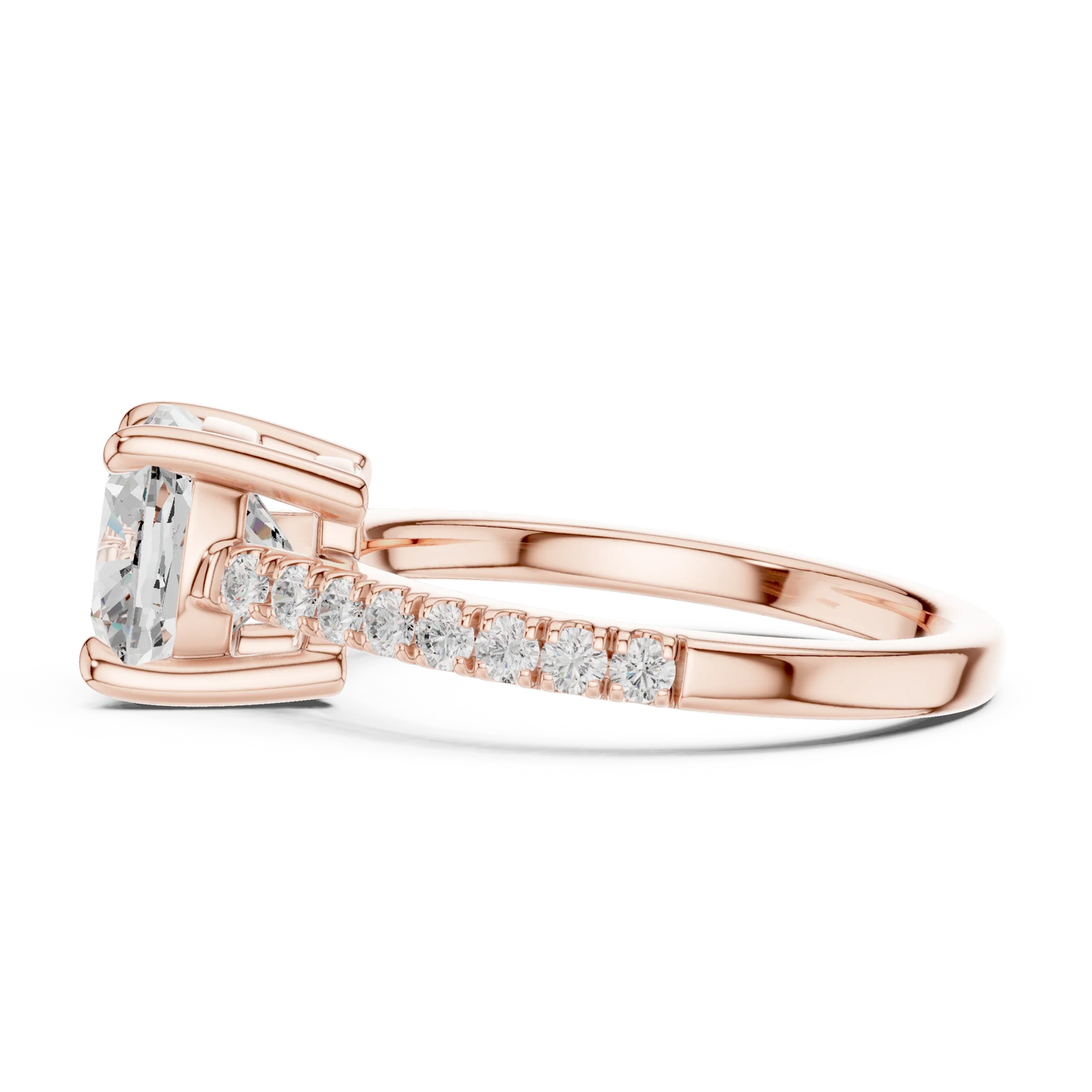 Side profile of rose gold cushion diamond pavé band ring with detailed band setting