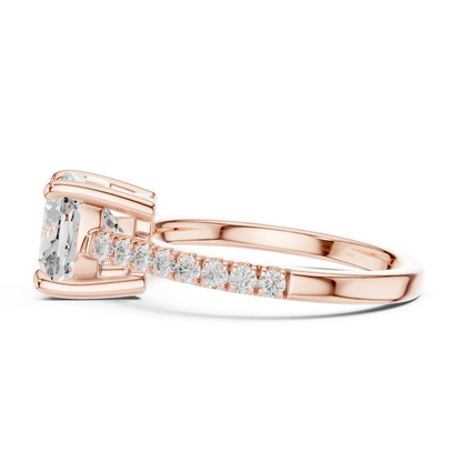 Side profile of rose gold cushion diamond pavé band ring with detailed band setting