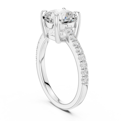 Back side view of white gold cushion diamond pavé band ring showing band and setting details