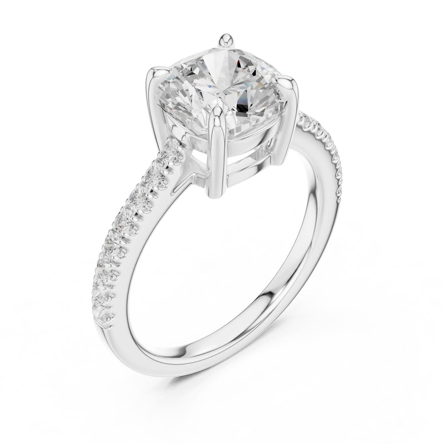 Front view of white gold cushion diamond pavé band ring