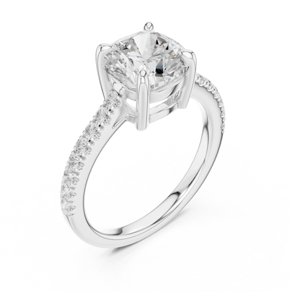 Front view of white gold cushion diamond pavé band ring