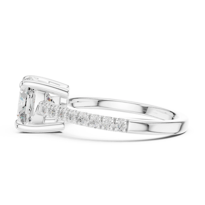 Side view of white gold cushion diamond pavé band ring with detailed band setting