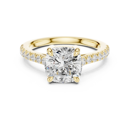 Lab-grown cushion diamond pavé band ring in yellow gold