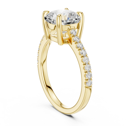 Back side view of yellow gold cushion diamond pavé band ring showing band structure