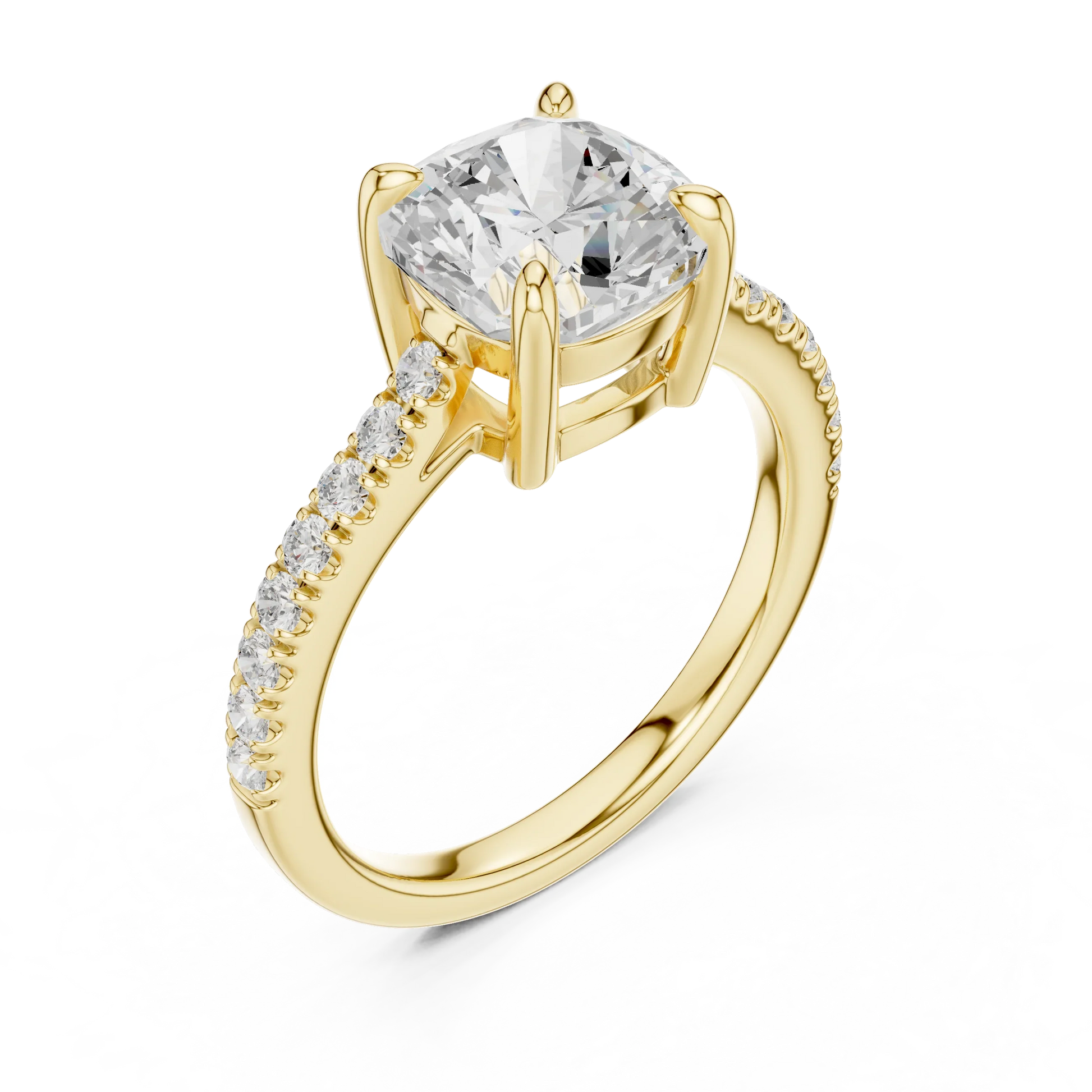 Front view of yellow gold cushion diamond pavé band ring