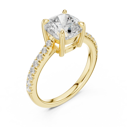Front view of yellow gold cushion diamond pavé band ring