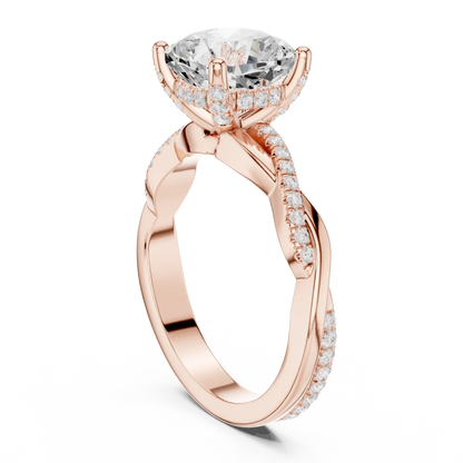 Back view of rose gold cushion diamond ring with twisted vine pave band and lab-grown diamond – Australia