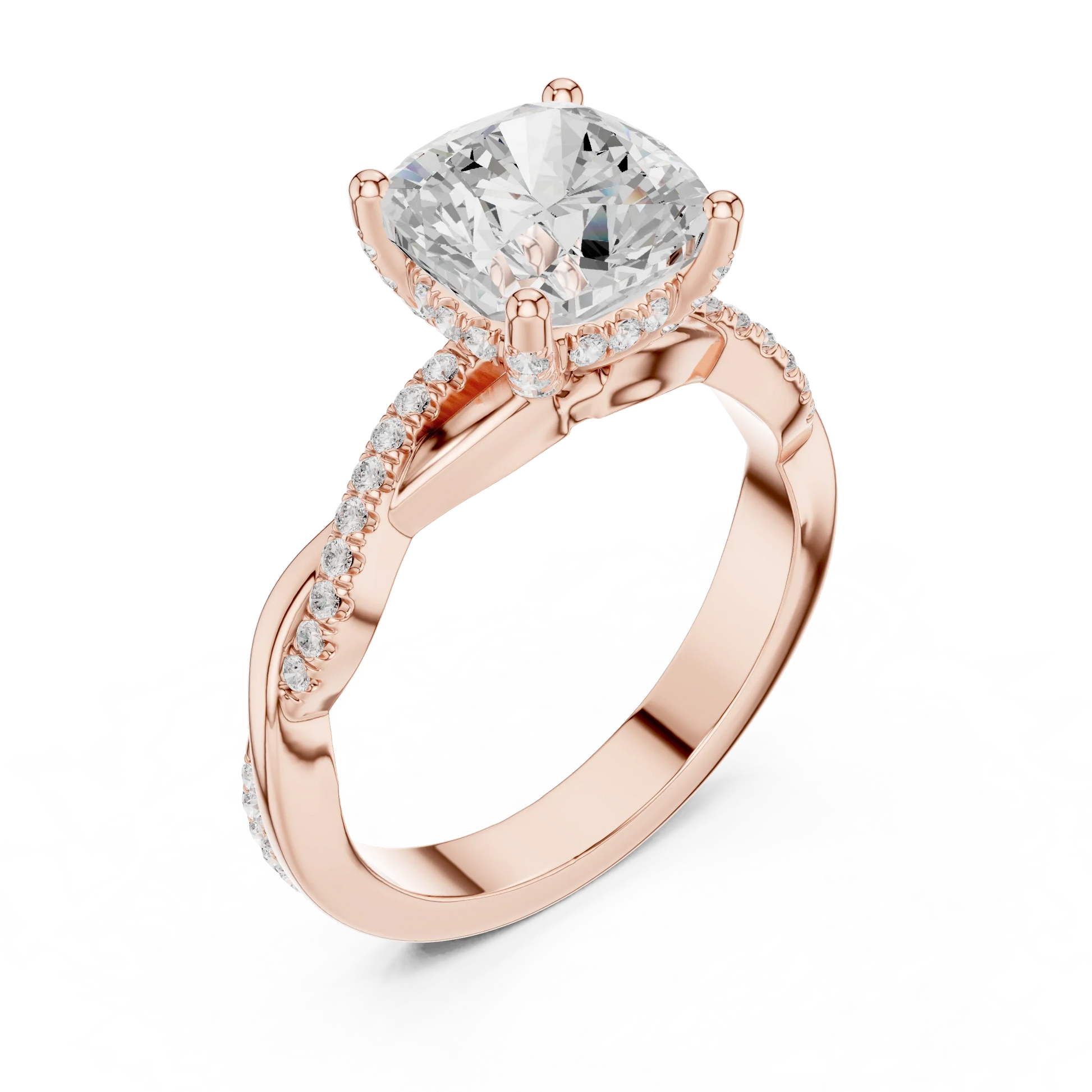 Front view of rose gold cushion diamond ring with twisted vine pave band and lab-grown diamond – Australia