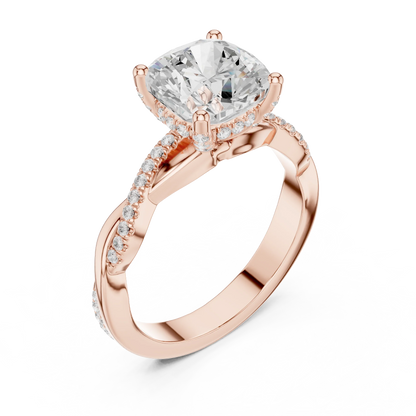 Front view of rose gold cushion diamond ring with twisted vine pave band and lab-grown diamond – Australia