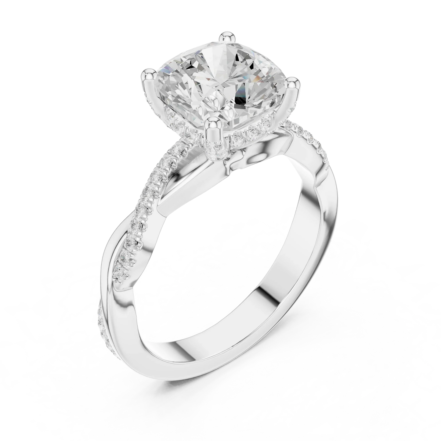 Front view of white gold cushion diamond ring with twisted vine pave band and lab-grown diamond – Australia
