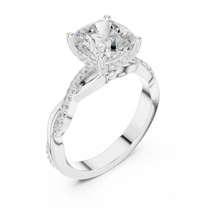 Front view of white gold cushion diamond ring with twisted vine pave band and lab-grown diamond – Australia