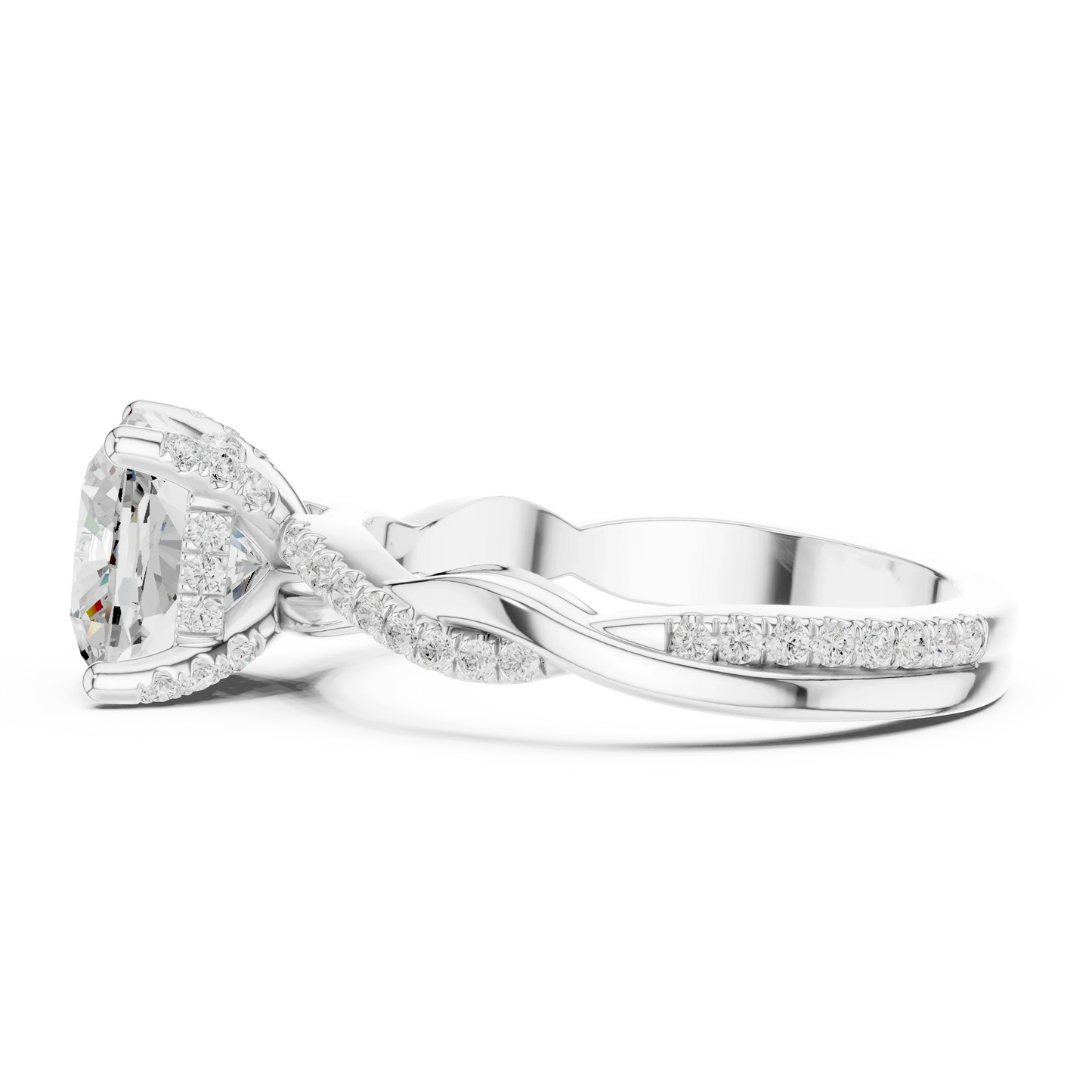 Side view of white gold cushion diamond ring with twisted vine pave band and lab-grown diamond – Australia