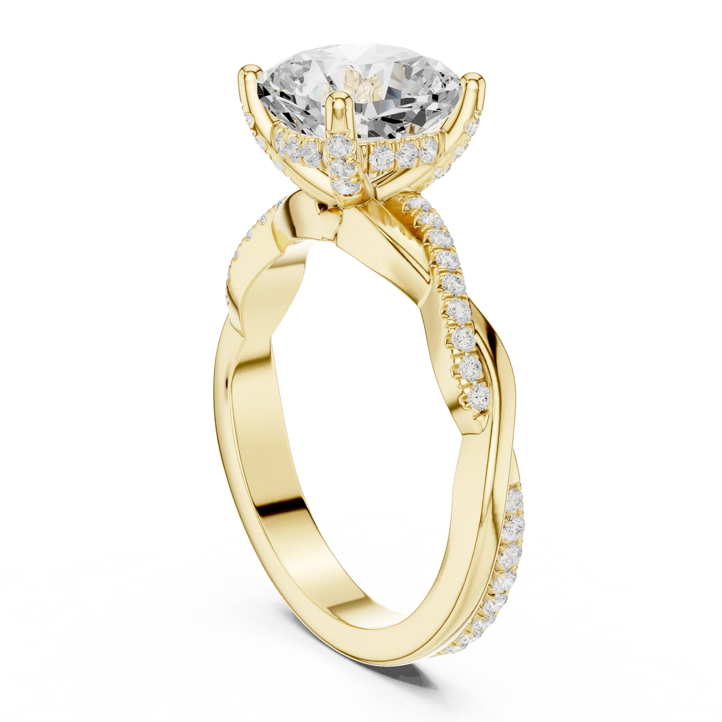 Back view of yellow gold cushion diamond ring with twisted vine pave band and lab-grown diamond – Australia