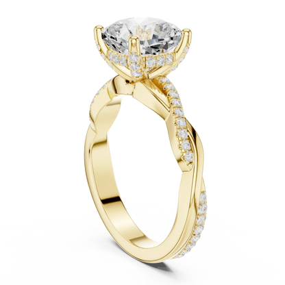 Back view of yellow gold cushion diamond ring with twisted vine pave band and lab-grown diamond – Australia