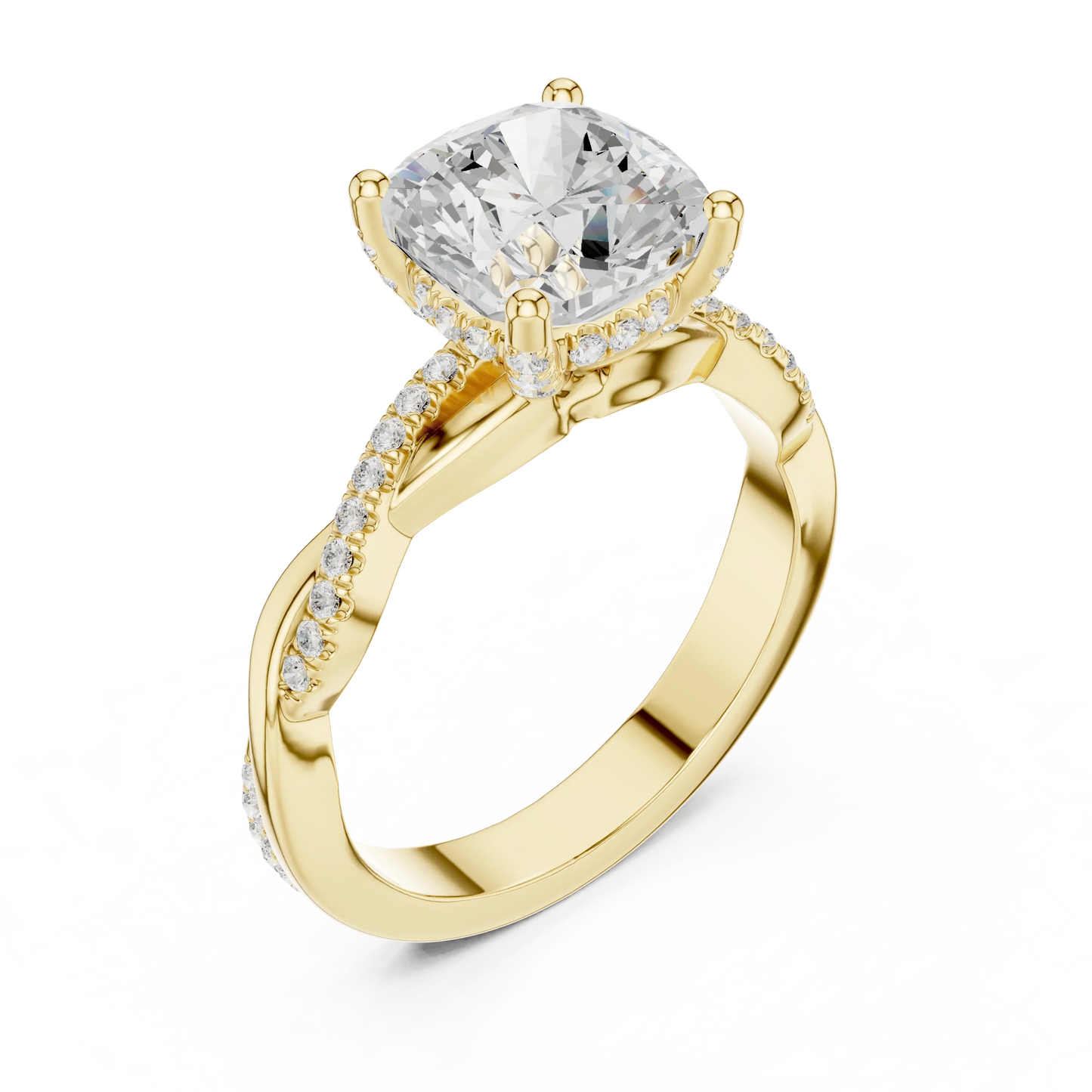 Front view of yellow gold cushion diamond ring with twisted vine pave band and lab-grown diamond – Australia