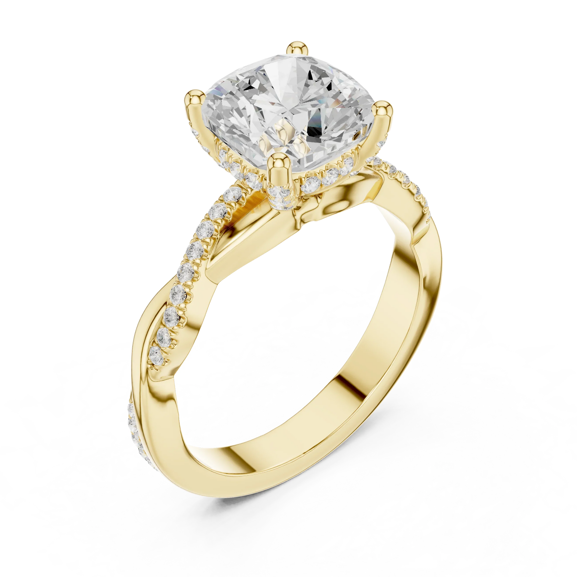 Front view of yellow gold cushion diamond ring with twisted vine pave band and lab-grown diamond – Australia