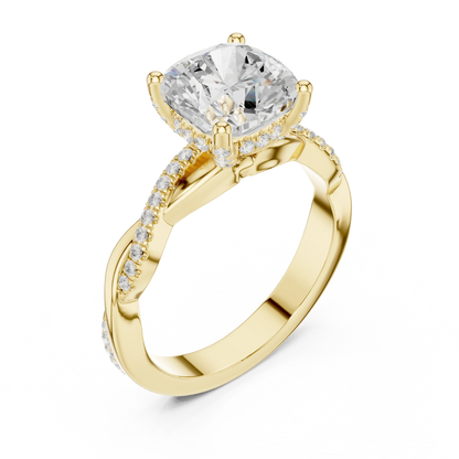 Front view of yellow gold cushion diamond ring with twisted vine pave band and lab-grown diamond – Australia