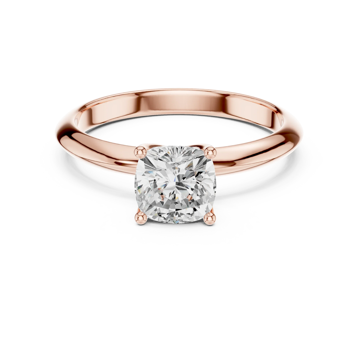 Lab-grown cushion cut diamond solitaire ring in rose gold, soft tone top view.