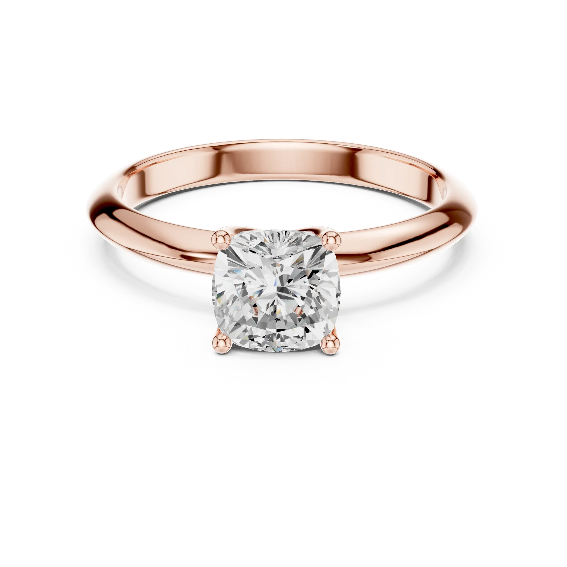 Lab-grown cushion cut diamond solitaire ring in rose gold, soft tone top view.