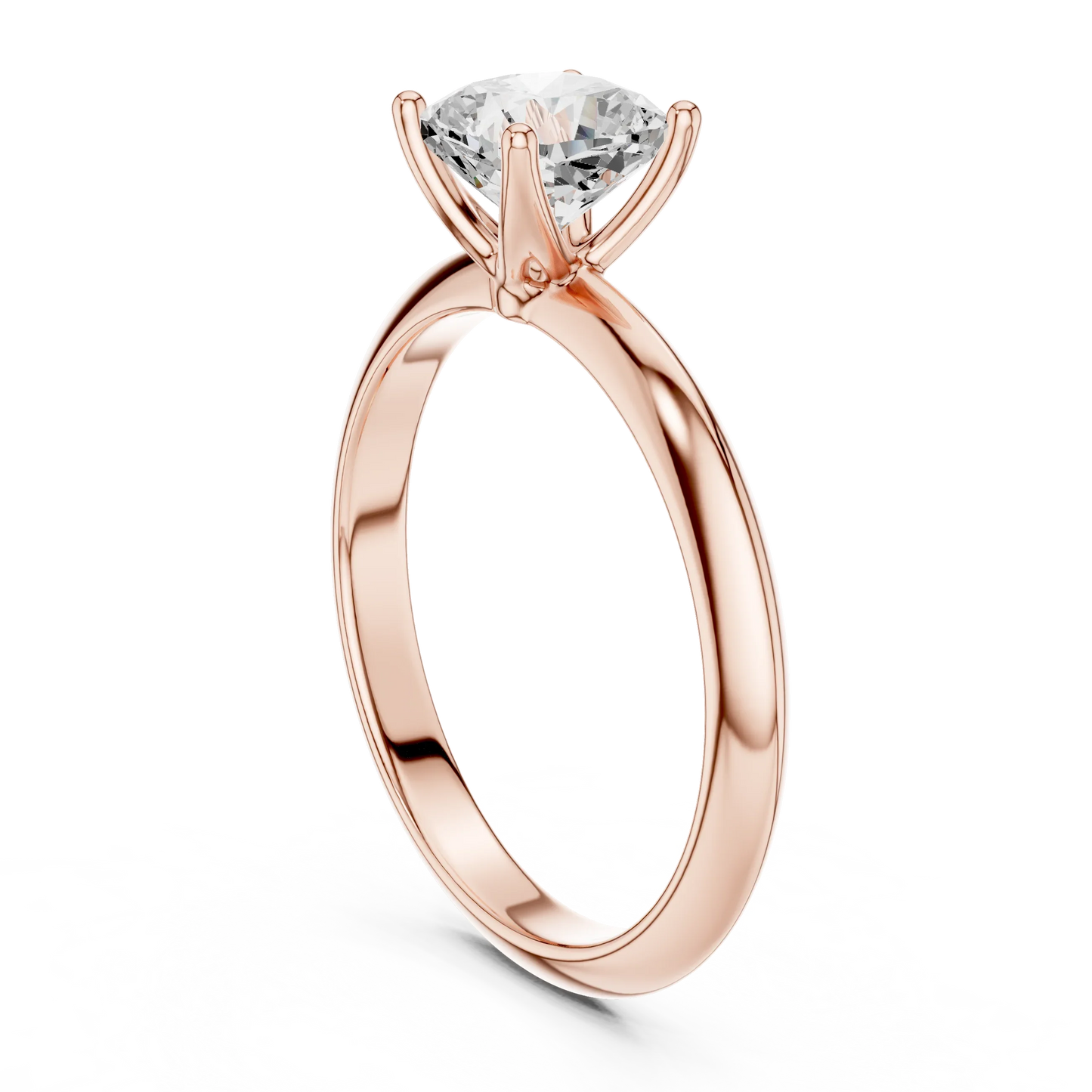 Back side view of rose gold cushion diamond solitaire ring, detailing band and setting