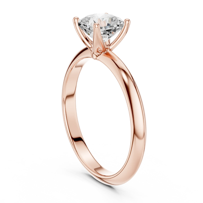 Back side view of rose gold cushion diamond solitaire ring, detailing band and setting