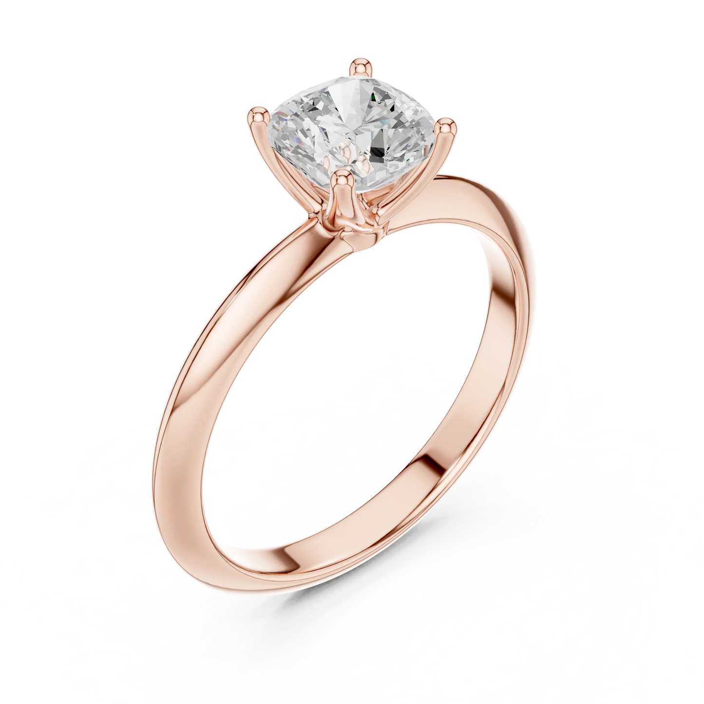 Front view of rose gold cushion diamond solitaire ring, showcasing gemstone brilliance