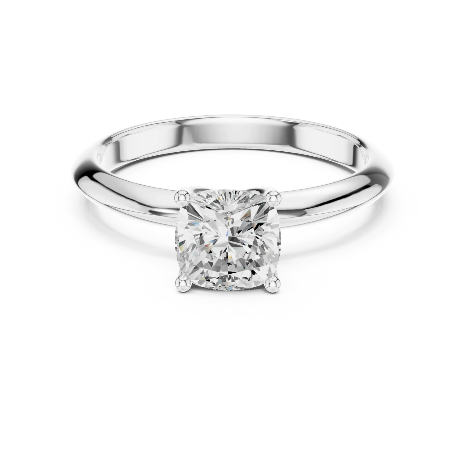 Lab-grown cushion cut diamond solitaire ring in white gold, elegant top view