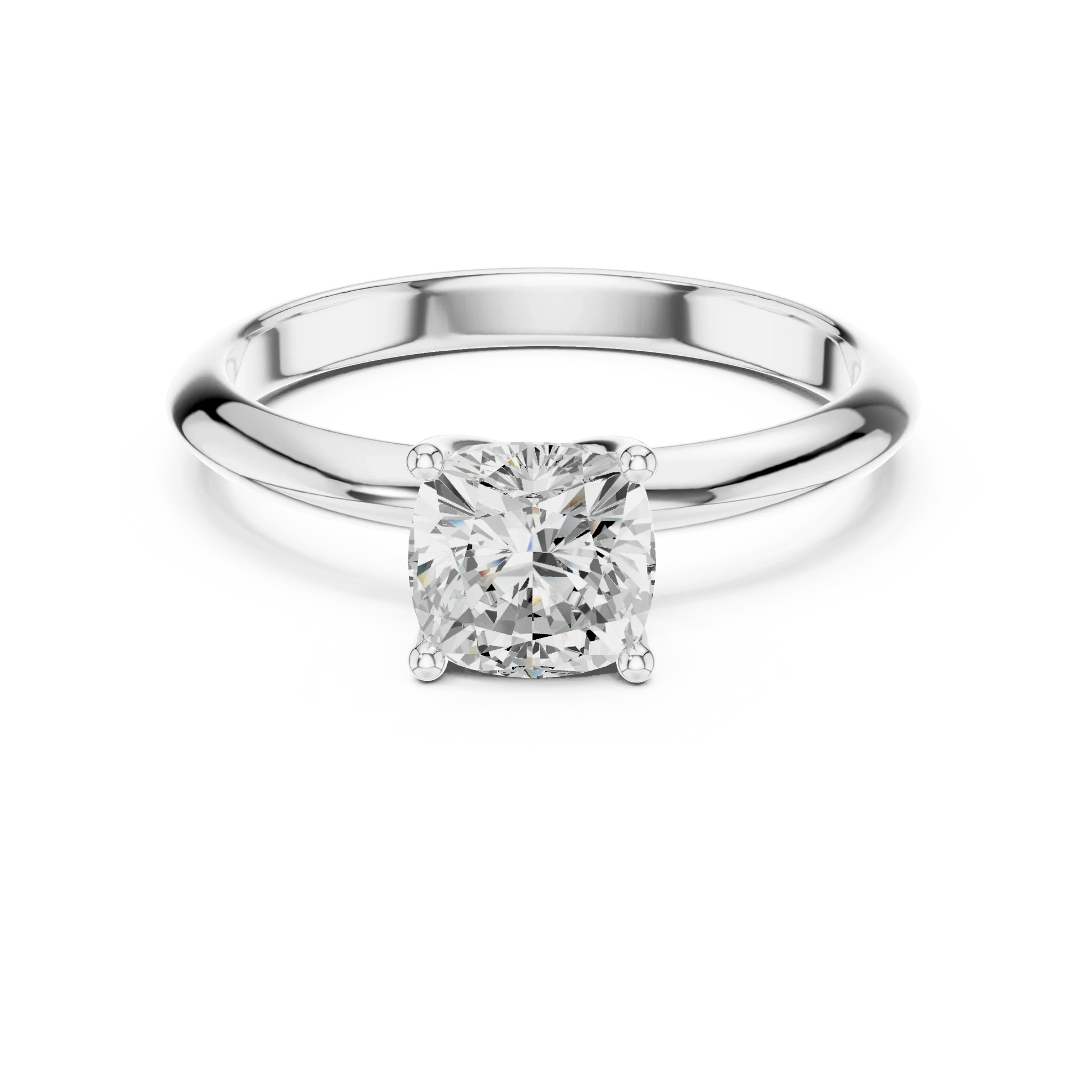 Lab-grown cushion cut diamond solitaire ring in white gold, elegant top view
