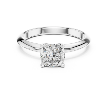 Lab-grown cushion cut diamond solitaire ring in white gold, elegant top view