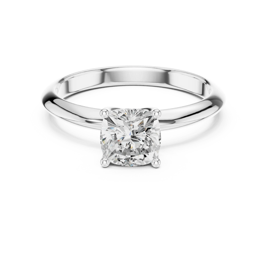 Lab-grown cushion cut diamond solitaire ring in white gold, elegant top view