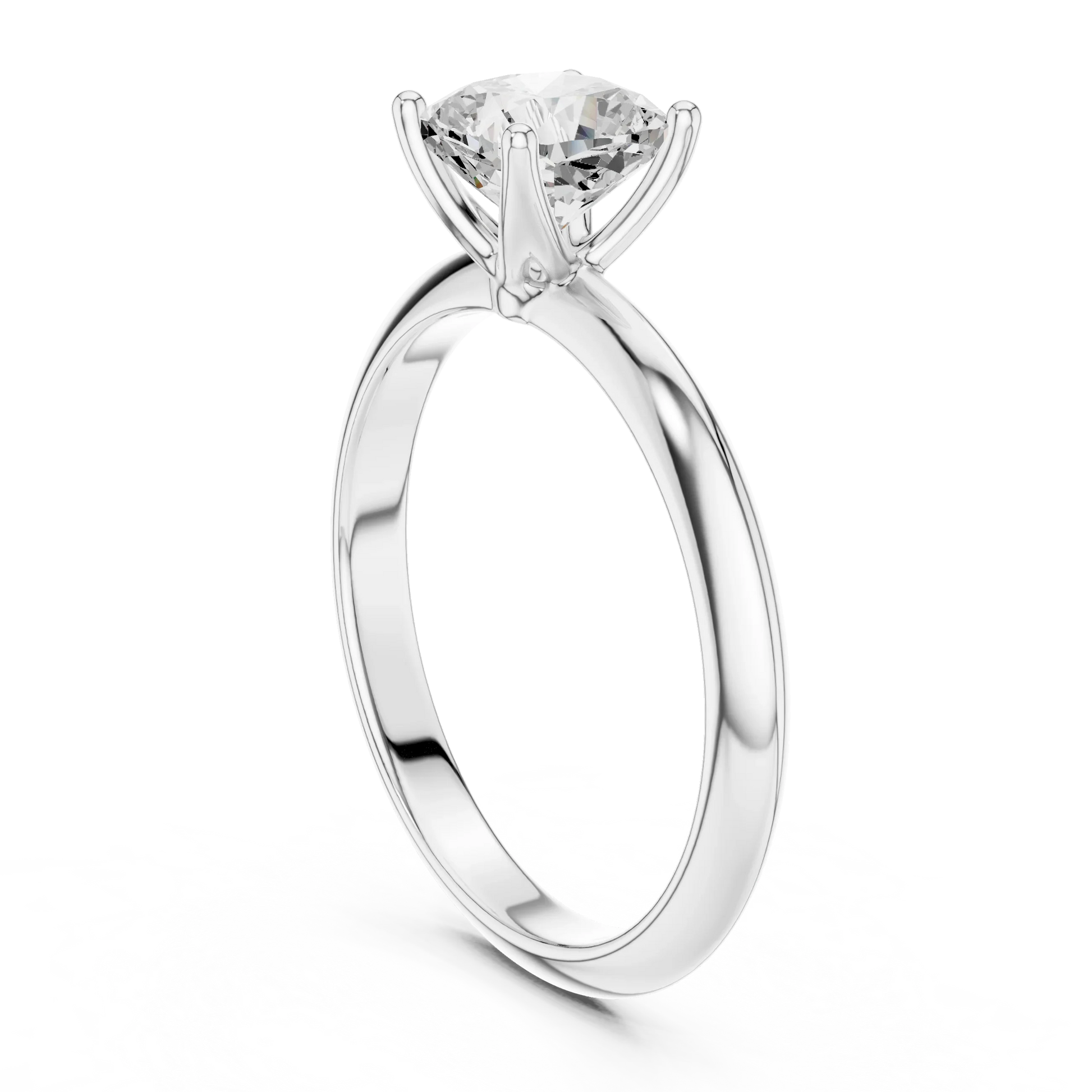 Back side view of white gold cushion diamond solitaire ring, showing band and setting.