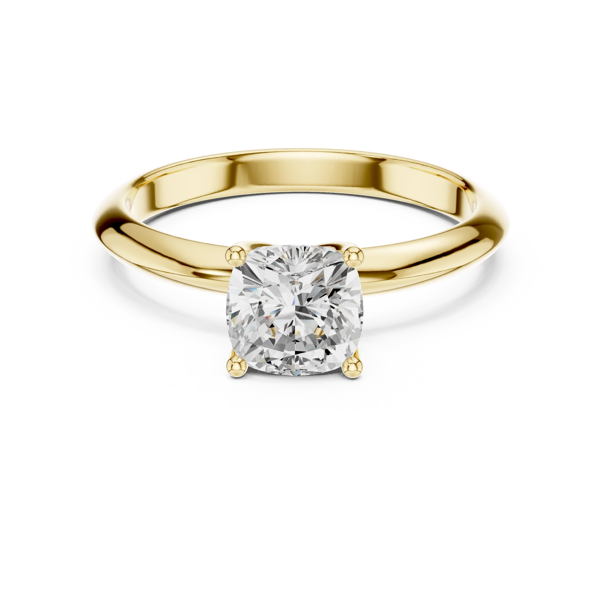 Lab-grown cushion cut diamond solitaire ring in yellow gold, classic top view.