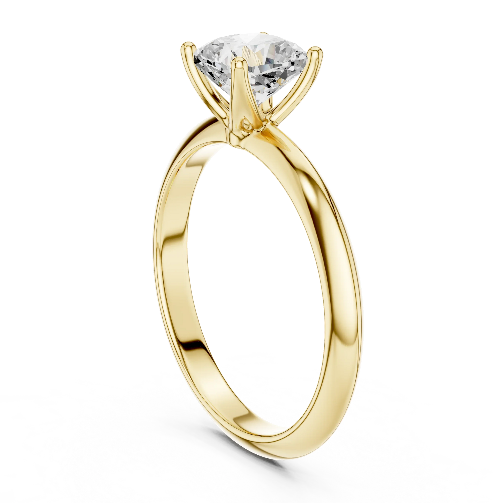 Back side view of yellow gold cushion diamond solitaire ring, showing band structure
