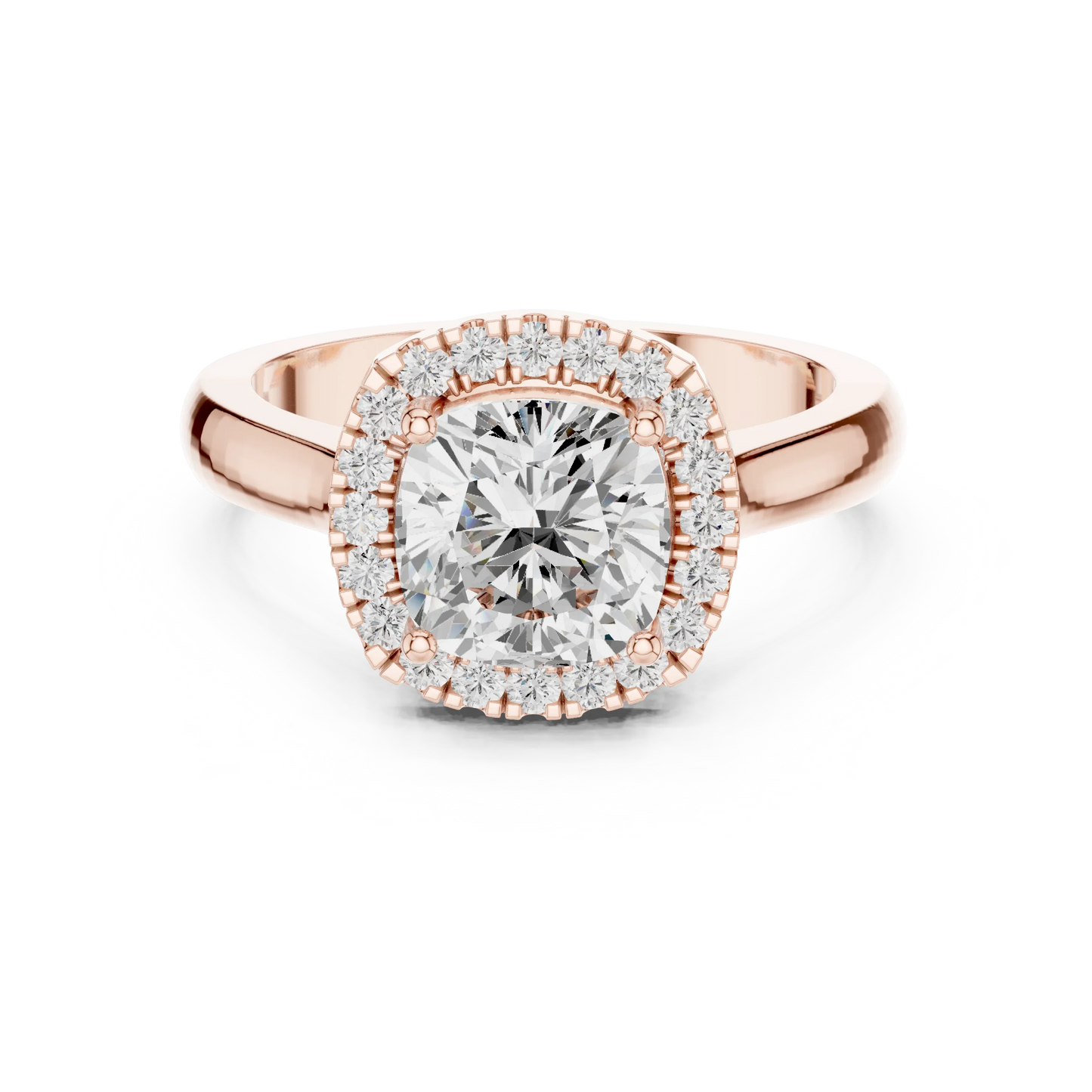 Cushion cut halo ring with lab-grown diamond in rose gold with modern romantic finish