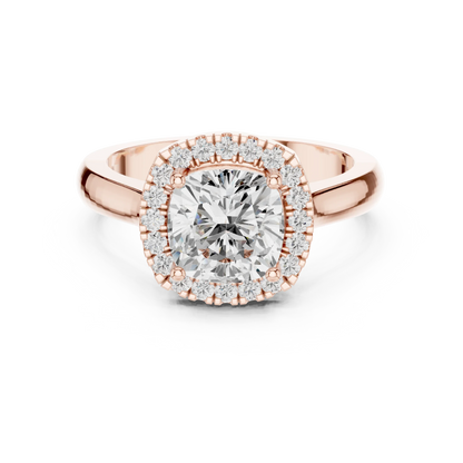 Cushion cut halo ring with lab-grown diamond in rose gold with modern romantic finish