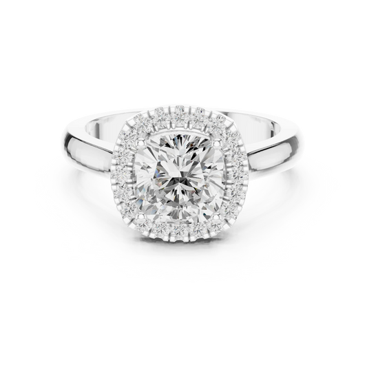 Cushion cut halo ring with lab-grown diamond in white gold, elegant and timeless design, Australia collection