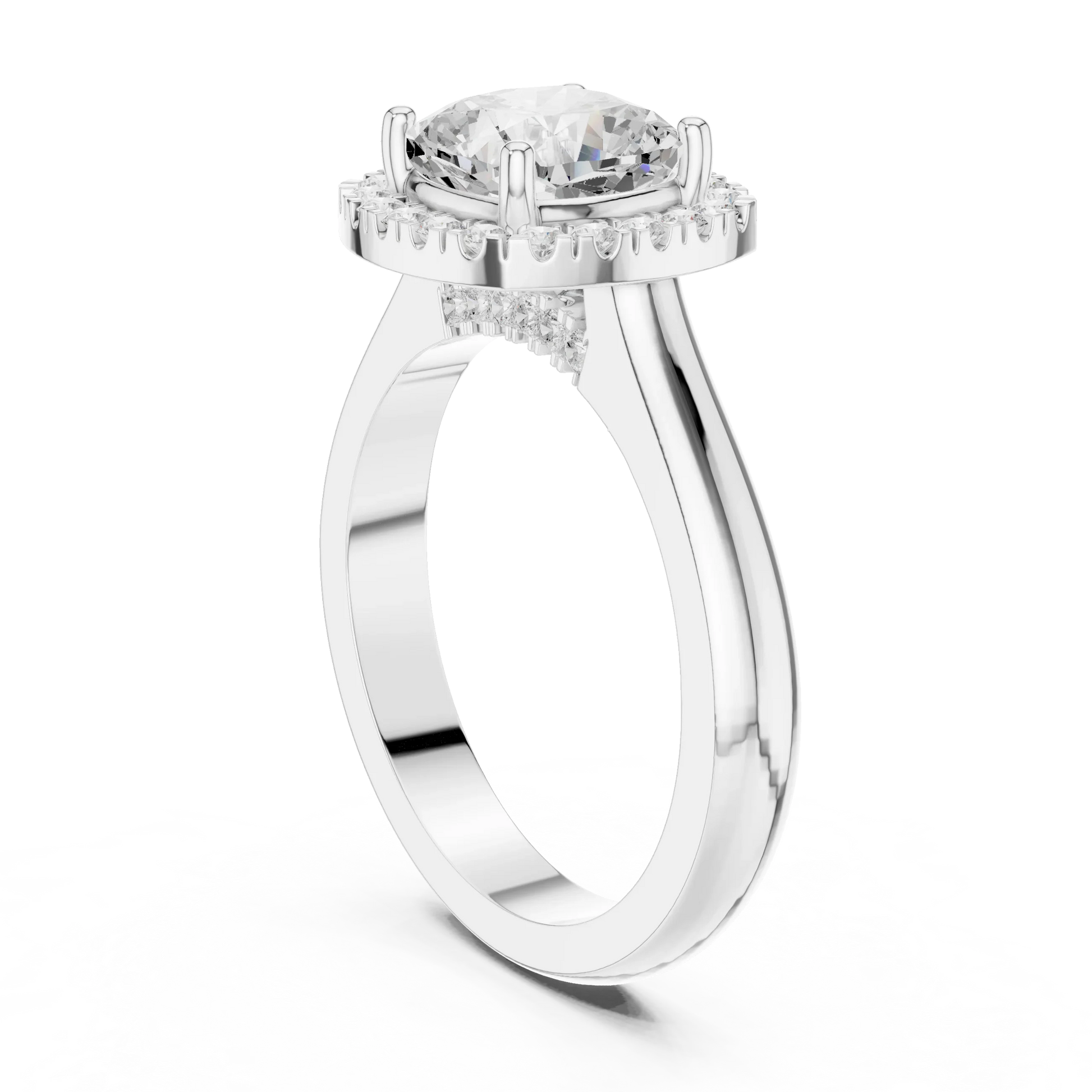 Back view of white gold cushion halo ring with lab-grown diamond and polished band
