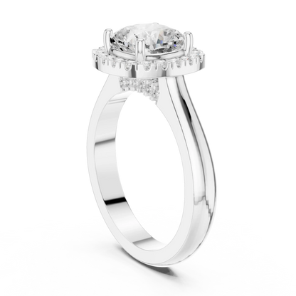 Back view of white gold cushion halo ring with lab-grown diamond and polished band