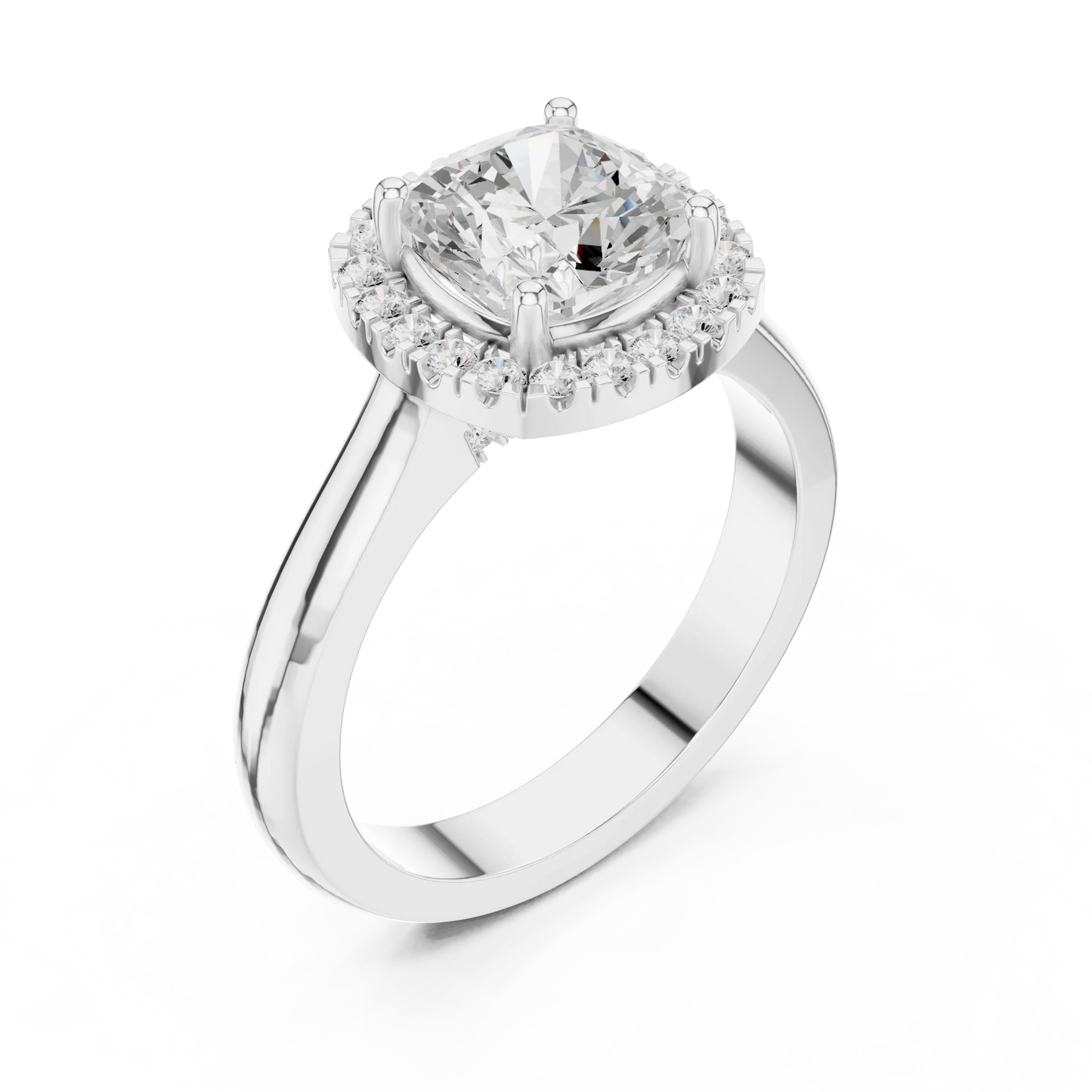 Front view of white gold cushion halo ring featuring lab-grown diamond with halo setting