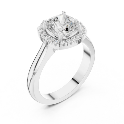 Front view of white gold cushion halo ring featuring lab-grown diamond with halo setting
