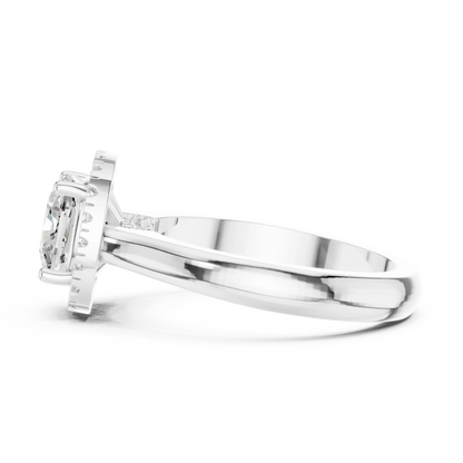 Side view of white gold cushion halo ring highlighting diamond setting and band profile
