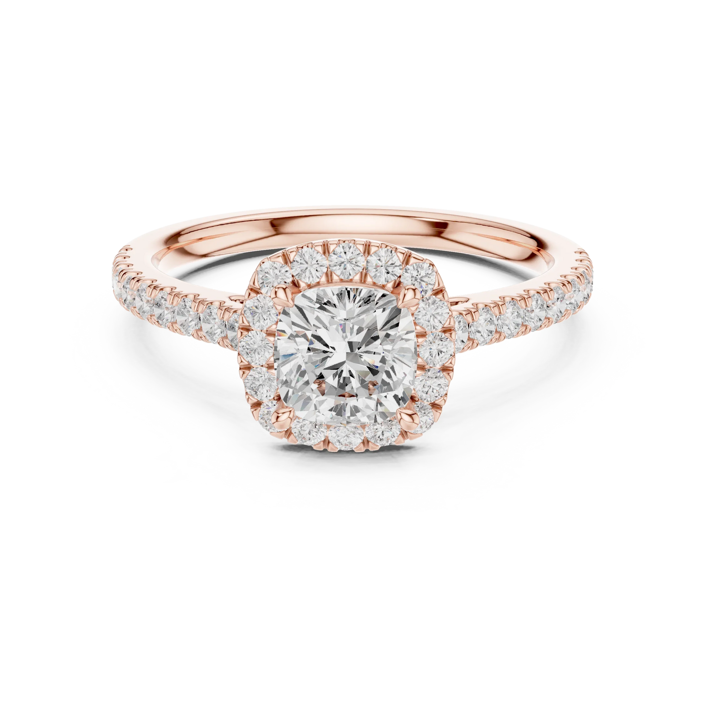 Rose gold cushion-cut halo ring with pav茅 diamond band and lab-grown center stone