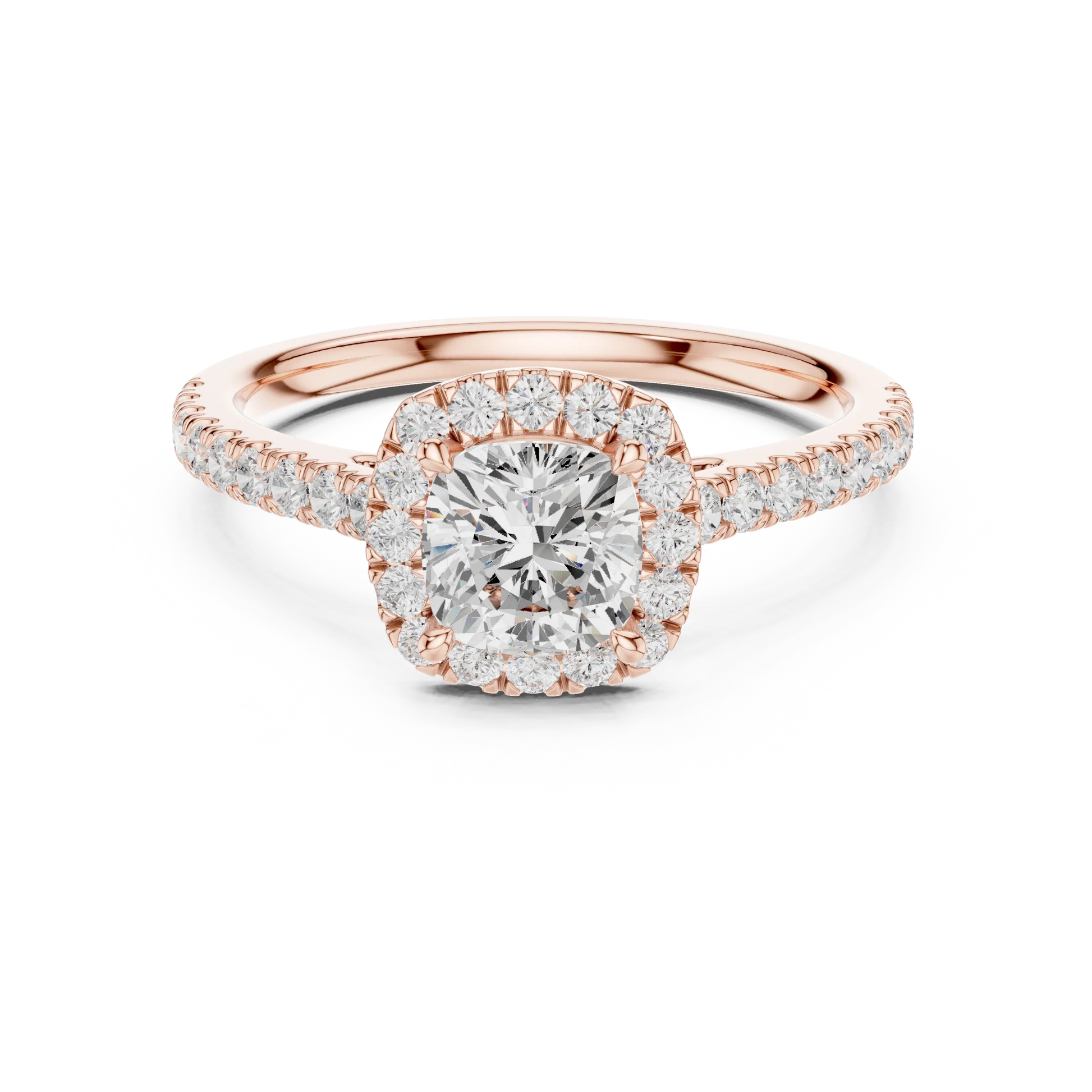 Rose gold cushion-cut halo ring with pav茅 diamond band and lab-grown center stone