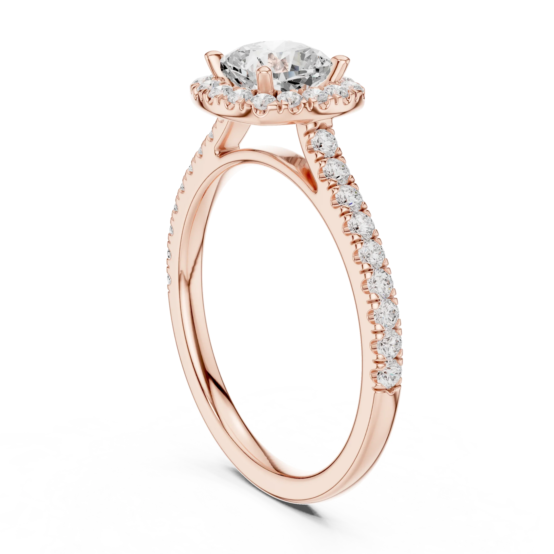 Top Side view of rose gold cushion-cut halo ring with pav茅 diamond band and lab-grown center stone
