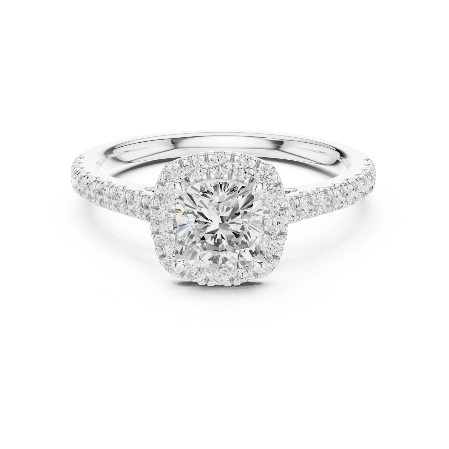 White gold cushion-cut halo ring with pav茅 diamond band and lab-grown center stone