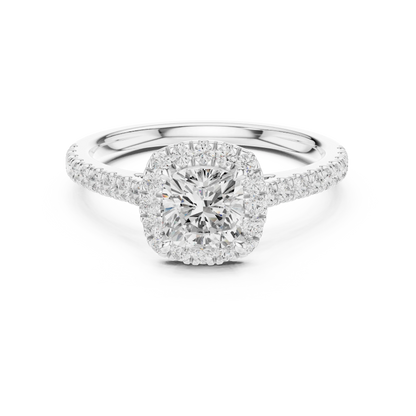 White gold cushion-cut halo ring with pav茅 diamond band and lab-grown center stone
