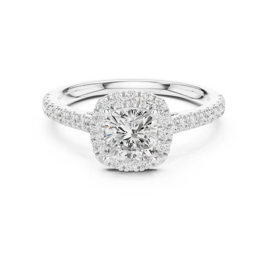 White gold cushion-cut halo ring with pav茅 diamond band and lab-grown center stone